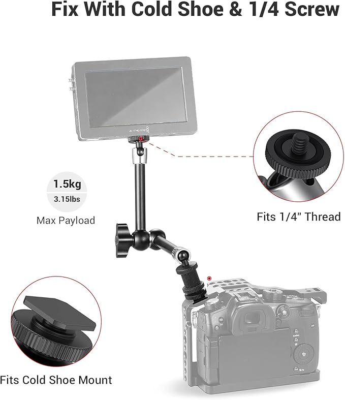 SMALLRIG Articulating Rosette Arm Max 11'' Long with Cold Shoe Mount & Standard 1/4"-20 Threaded Screw Adapter - 1498