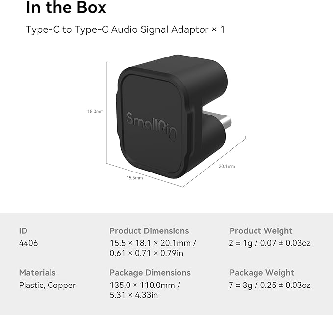 SMALLRIG Type C to Type C Audio Signal Adaptor for iPhone 15 Pro Series Video Cage, Making it Convenient The Use of Microphone When Shooting Horizontally 4406
