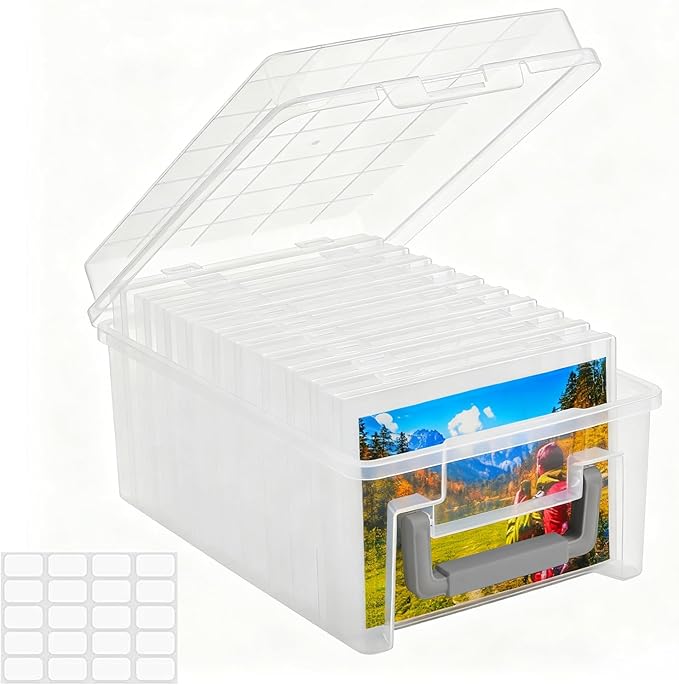 Photo Storage Box 5 x 7 Inches, 10 Inner Extra Large Photo Boxes with Dividers, Clear Acid-Free Photo Storage Containers with Handle, Photo Organizer Craft Keeper for Photo, Craft, Stamp etc