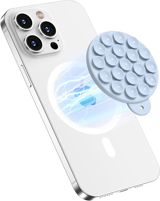 Magnetic Suction Cup Phone Mount with MagSafe, Silicone Hands-Free Grip Holder for iPhone Case and Android, Mirror Shower Phone Stand for Makeup FaceTime Gym Kitchen Bathroom, Baby Blue