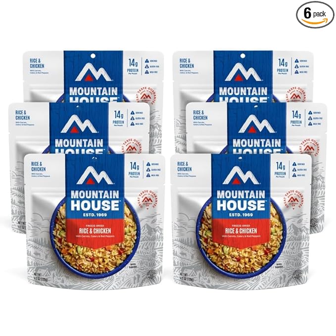 Mountain House Gluten-Free Rice & Chicken Freeze-Dried Food for Camping, 12 Servings, 30-Year Shelf-Life