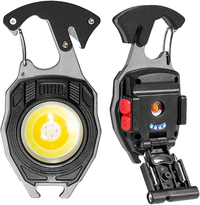BY-J COB Keychain Work Light Keychain Flashlights 7 Light Modes 1600Lumen,COB Multi-Function Mini Work Light with Electric Lighter, Seat Belt Cutter, Screwdriver, Whistle