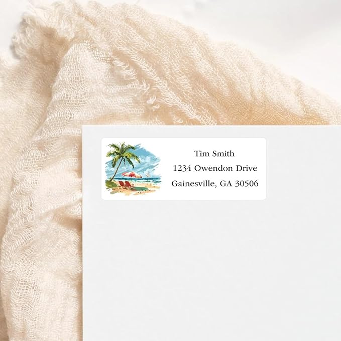 Address Labels Personalized Return Address Labels, 2.6" x 1" Summer Beach Custom Mailing Label for Envelopes (30-1200) Customized Self Adhesive Stickers Printable Mail Envelope Adress Label, White