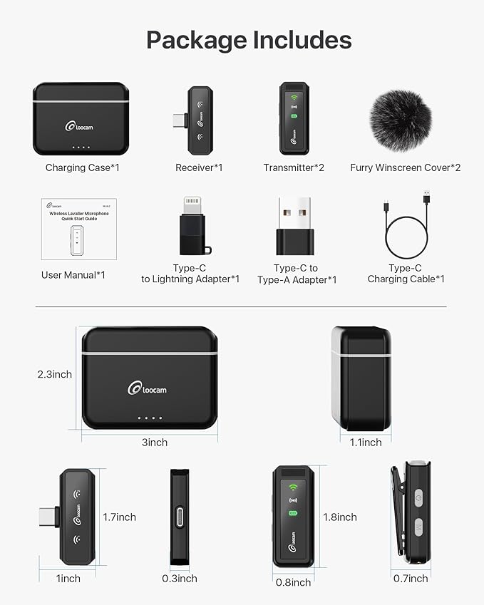 Loocam Mini Microphone for iPhone & Android with Charging Case, Wireless Lavalier Microphone for Video, Recording, Vlog, Hi-Fi Audio, Noise Cancellation, 24H Standby Lavalier Microphone