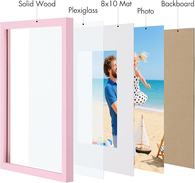 Vittanly 11x14 Picture Frame, Made of Solid Wood and Shatterproof Plexiglass, Display Pictures 8x10 with Mat or 8x10 without Mat, Wooden Photo Frame for Wall Mounting or Tabletop, Pink, 1 Pack