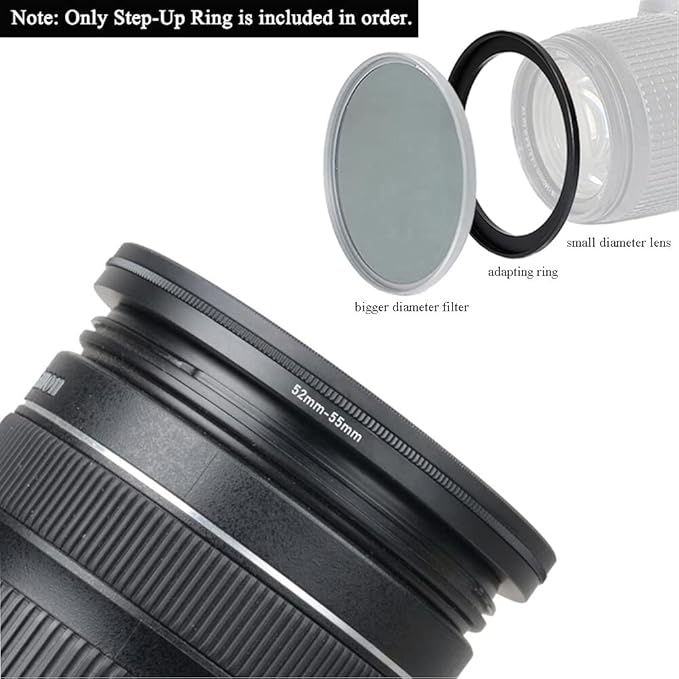 52-55mm Step Up Ring(52mm Lens to 55mm Filter, Hood,Lens Converter and Other Accessories) (2 Packs), Fire Rock 52-55 Aerometal Camera Lens Filter Adapter Ring