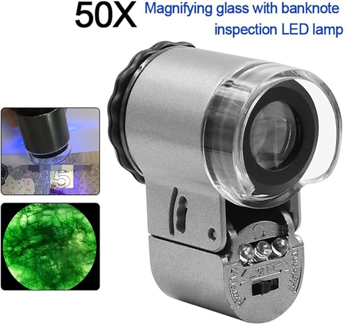 50X Pocket Jewelry Loupe Mini Jewelry Magnifier with UV LED Light Portable Eye Loupe Magnifier Coin Magnifying Glass Microscope Handheld Eye Glass for Jewelry Diamond Stamps Coin Collection