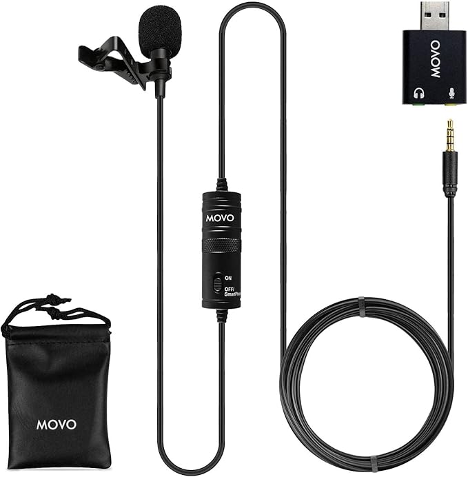 Movo LV1-USB Lavalier Microphone for Camera, Lapel for iPhone and Android Smartphones, Body Lav Mic, Clip On Microphone for 3.5mm, Shirt Lapel Mic for Phone, GoPro, Interview, Computer, PC