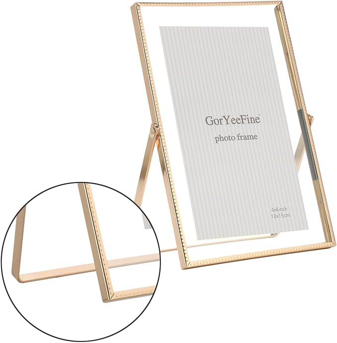 Gold 4x 6'' Floating Frame Set of 2, For Photo Sizes (2x3'', 3.5x 5'' up to 4x6'' ), Beautiful Metal Lace Edge Frames Adjustable Tabletop/Shelf Photo Frame, Classy Gift Choice for Wedding,