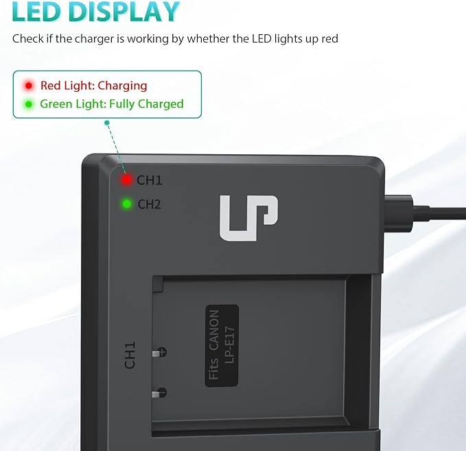 LP LP-E17 Battery Charger Pack, Compatible with Canon EOS R8, R10, R50, RP, Rebel T6i, T7i, T8i, T6s, SL2, SL3, EOS 77D, 200D, 750D, 760D, 800D, 8000D, M3, M5, M6 Mark II, KISS X8i & More DSLR Camera