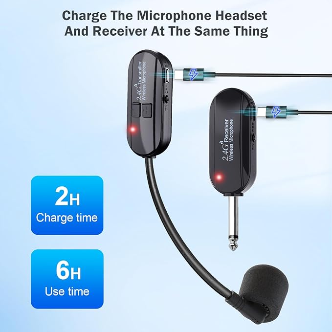 Wireless Microphone Headset Double Professional: Cordless Mic Head for Two People, Heads Handheld Mics 2 in 1- USB-C Rechargeable - 1/4'' and 1/8'' Plug for PA System, Voice Amplifier,Teaching,Fitness