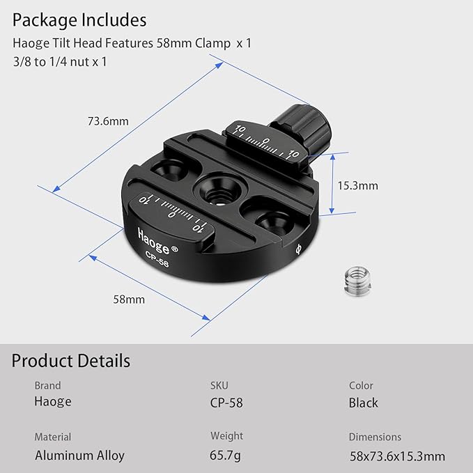 Haoge CP-58 58mm Screw Knob Quick Release Clamp Adapter Mount for Quick Release QR Plate Camera Tripod Ballhead Monopod Ball Head Fit Arca Swiss