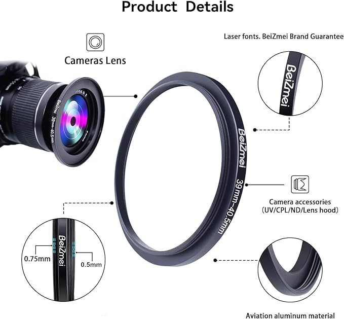 39mm to 40.5mm Camera Filters Ring,Filters Ring Compatiable All Brands Ø39mm Lens to Ø40.5mm UV ND CPL Camera Accessory.Made of CNC