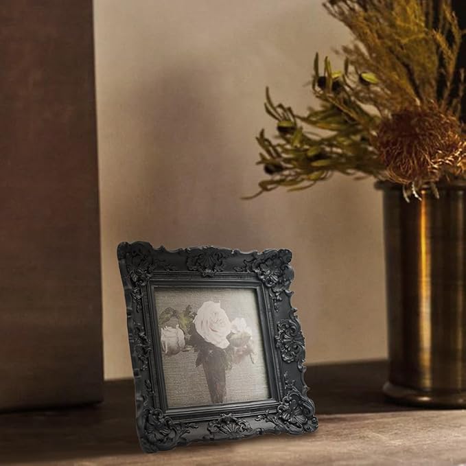 CISOO 4x4 Vintage Small Picture Frame, Antique Ornate Black Square Photo Frame, for Table Top and Wall Display, Decorative Floral Design Retro Home Decor, Photo Gallery Art