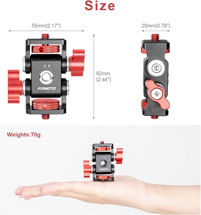 FOMITO Aluminum Alloy Dual Head 1/4'' Screw and 1/4''(3/8'') Screw hole , DSLR Rabbit cage Monitor Bracket with Adjustable Damping Photography Expansion Accessories Red Color