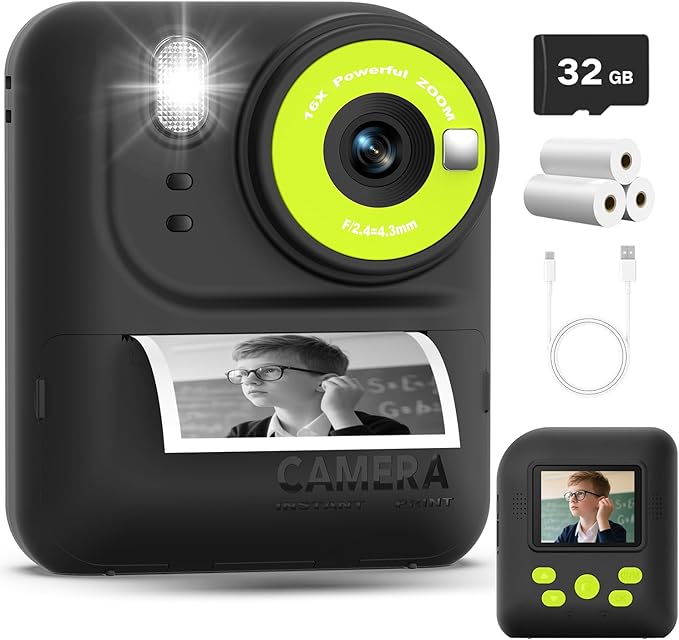 Okaloka Kids Instant Print Camera Toys,1080P HD Toddler Digital Video Camera,Birthday Christmas Gifts for Girls Boys age 3-12 Year old - 32G SD Card Included (Black)