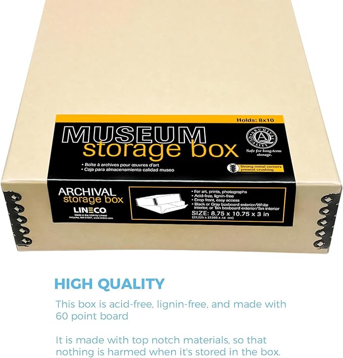 Lineco Museum Archival Storage Box, 8.75x10.75x3 in. Drop Front Design. Acid-Free with Metal Edge. Organize Photos, Pictures, Prints, Documents, Crafts, DIY. Tan, 2 Pack
