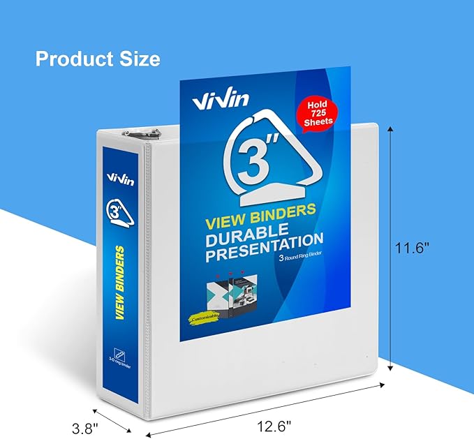 ViVin Durable 3 inch D Ring View Binder, Large 3" Slant-D Ring with 725-Sheet Capacity, Fit 8.5" x 11" Paper, 6 Pack(White)