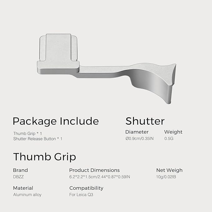 Metal Thumb Grip with Hot Shoe Cover for Leica Q3, Q3 (43) Camera Hot Shoe Thumb Hand Grip Photography Accessories (Silver)