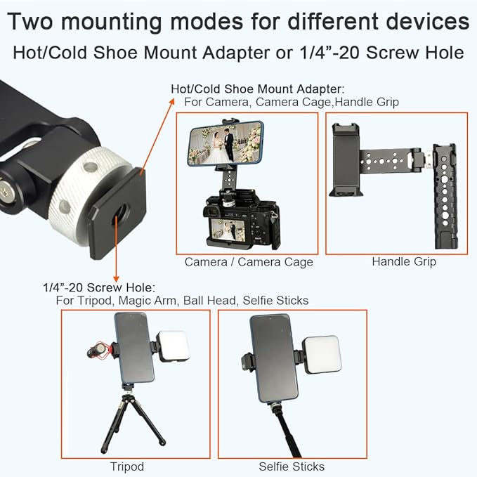 Aluminum Phone Tripod Mount Adapter with Cold Shoe and 1/4” Threaded Holes, 360° Rotation 230° Tilt Camera Phone Holder Mount for iphone Camera Monitoring Gimbals Stabilizers Tripods Phone Holder
