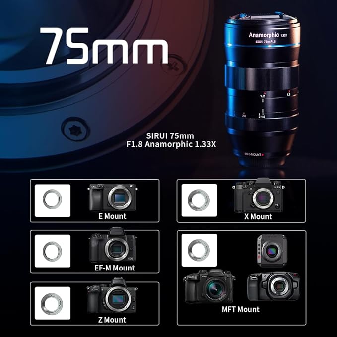 SIRUI 75mm F1.8 1.33X S35 Anamorphic Lens for RF Mount, Blue Flare