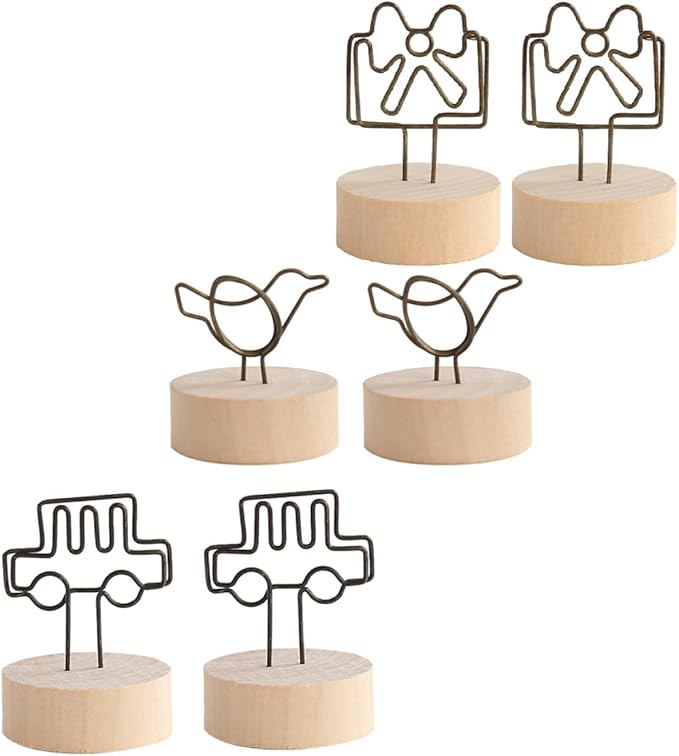 6pcs Wooden Memo Clips with Bowknot, Bird, and Car Designs, Vintage Photo Display Stands for Desktop Organization and Home Office Decoration Random Color