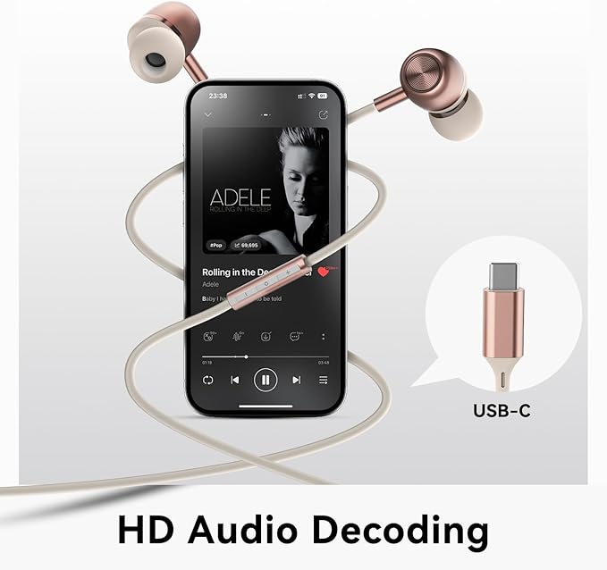 USB C Headphones for Samsung S24 S23 FE S22 S21 S20 A53 A54 Wired Earbuds Metal in-Ear Type C Earphone with Microphone Volume Control Bass Stereo for iPhone 17 Pro Max iPhone 16 Pro Max Pixel (Pink)