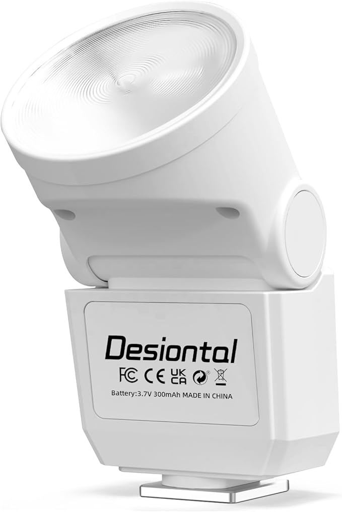 Mini Flash Speedlite, Desiontal GN8 6200K Camera Flash Light for Sony Nikon Olympus Canon Fuiifilm PentaX Hot Shoe Interface Camera, 4 Power Level 300mAh Battery 11/250S Flash Rate (White)