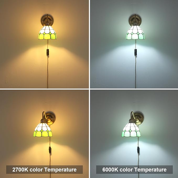 Vintage Wall Sconce, Wall Lamps with Green White Checker Sconce, Stained Glass Shade Brass Wall Lights Fixture with Plug in Cord and Switch for Bedroom Bathroom Living Room Hallway