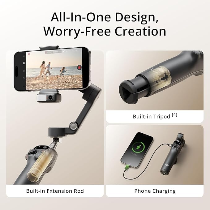 DJI Osmo Mobile 7P Gimbal Stabilizer for iPhone, Android, Native Tracking, Lighting, 3-Axis Phone Gimbal, One-Tap Edit, Built-in Extension Rod & Tripod, 10hrs Use, Phone Charging (Renewed)