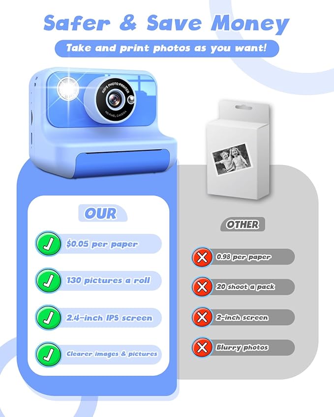 Instant Print Camera for Kids, 1080P Digital Video Cameras, Christmas Birthday Gifts Toys for Age 3-12, Toddler Camera for 4 5 6 7 8 9 10 Year Old Boys - Blue