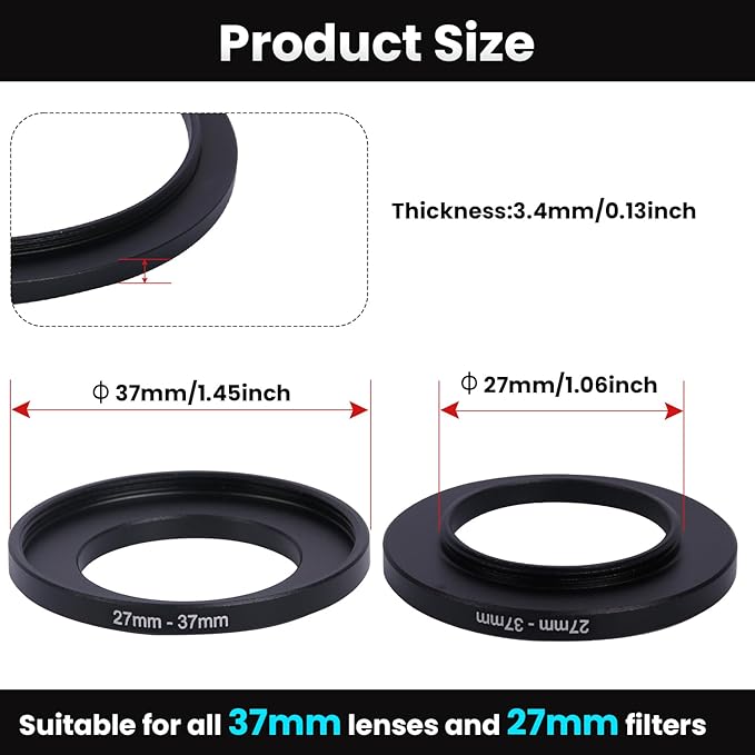 Metal Step Up Ring Filter Adapter - 27mm to 37mm - Metal Ring Step Up Rings Adapter Filter Compatible with All 37mm UV, CPL, ND, Lens Hood, Threaded Lens ect
