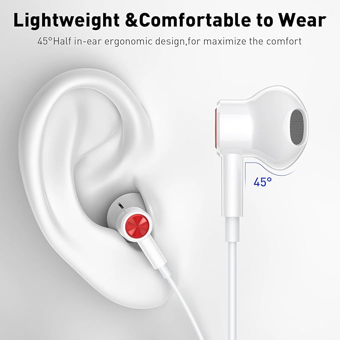 USB C Headphones Wired Type C Earphones for Samsung/Galaxy S26 S25 S24 Plus S23 S22 S21 S20 Note 20 Ultra DAC Magnetic Corded Earbuds for iPhone 15 16 16e 17 Air for Apple/Android Ear Buds White/Red