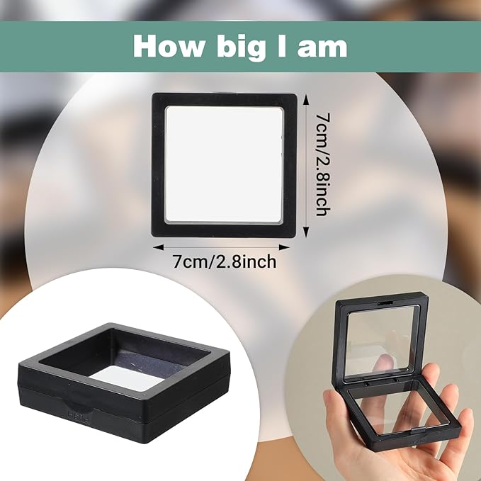 60 Pcs Coin Display Case Black 3D Floating Frame Display Holder Stands for Antique Challenge Coins, Jewelry, Shells, Gems, Minerals, Rocks, Specimen, Pins (2.8 x 2.8 x 0.8 Inch)
