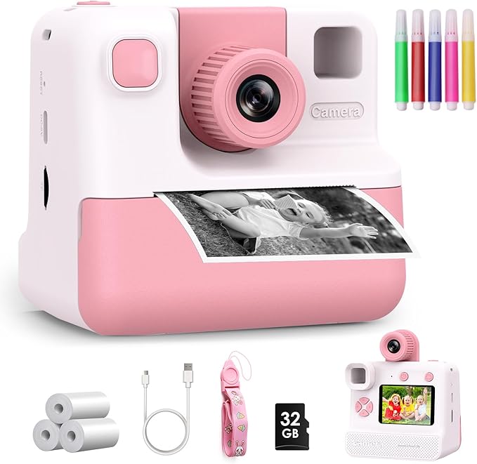 Kids Camera Instant Print, Christmas Birthday Gifts for Girl Boys 3-12 Years Old, FHD Selfie Digital Video Cameras Toddler 3 Rolls Print Paper & 32G Card (Retro, Pink-White)