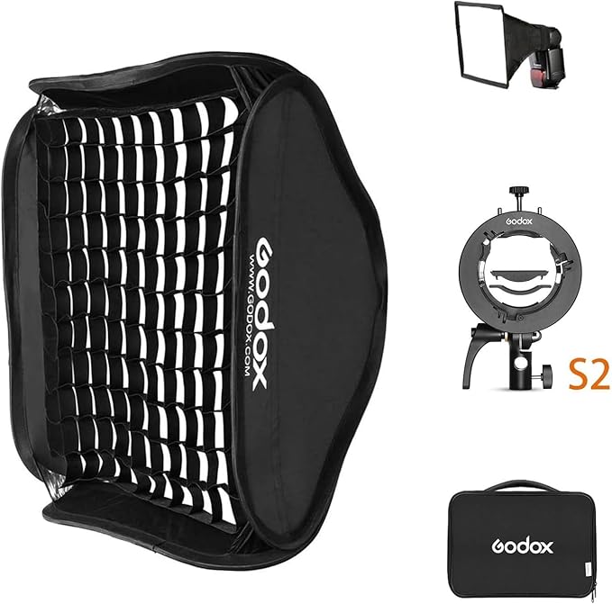 GODOX 32x32inch /80x80cm Foldable Flash Softbox Kit with Grid, Godox S2 S-Type Speedlite Bracket Bowens Mount and Carrying Case for Camera Flash Speedlight Studio Photography Video Shooting