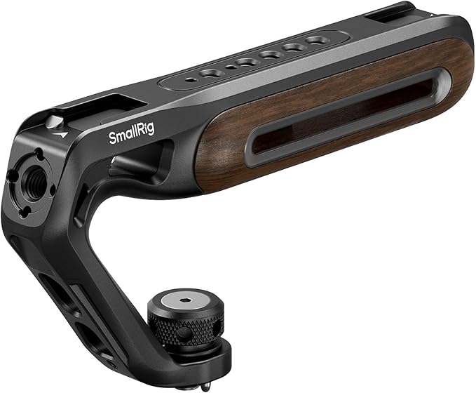 SmallRig Wooden Top Handle with Retractable 1/4''-20 and 3/8''-16 Locating Screw for ARRI, Max Load 15kg / 33.1lb for Universal Camera Cages and Rigs, 2 Cold Shoe Adapters to Mount Accessories- 5252