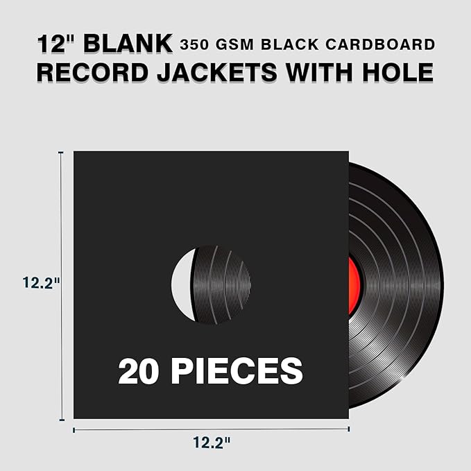 20PCS 12 Inch Black Vinyl Record Jackets, Thick Cardboard Sleeves with Center Hole, Blank LP Album Covers for 33 RPM Storage & Organization, 350gsm LP Jackets for Record Storage