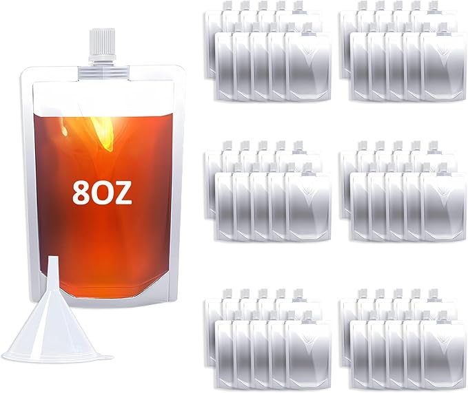 60PCS 8OZ Plastic Flasks,Reusable Drink Pouches with Funnel,Spouted Drinking Bags for Liquid Drink Juice,Leak-Proof Food Grade for Travel Outdoor Sports Concert Cruise Events