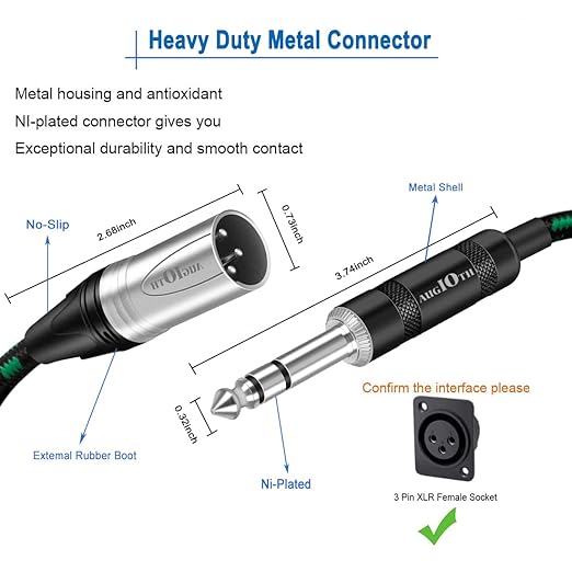 10ft Green-Black Braided XLR Male to 1/4 TRS Audio Cable for Microphones, Amplifier, Mixer, Speaker Systems