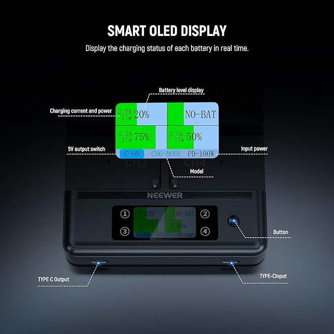 NEEWER NP-F970 4 Channel Charger with Smart Power Consolidation Compatible with Sony NP-F550 750 Camcorder NPF Camera Battery, PD100W Fast Charging/Dual USB C/OLED Display/100W Type C Cable, NW-F4R