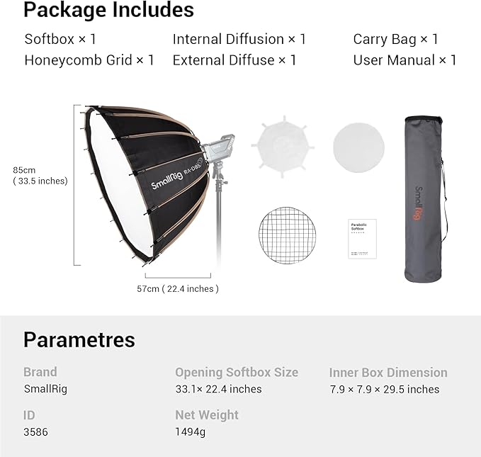 SMALLRIG Parabolic Softbox Quick Release, Parabolic Softbox, Compatible with SmallRig RC 120D/RC 120B/RC 220D/RC220B and Other Bowens Mount Light (33.5inch/85cm)