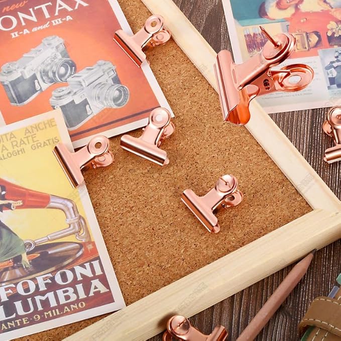 YUCHIYA 10 Pack Bulldog Clips with Push-pins for Corkboard,Metal Clips for Crafts, Metal Binder Clips for Pictures, Spring Paper Clamps for Office Documents (Rose Gold,2inch)
