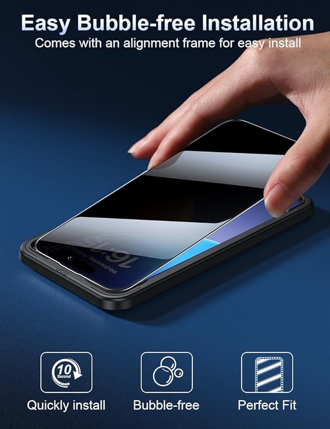 ruwa Privacy Screen Protector for iPhone 15 Pro [6.1 Inch][2-Pack] Tempered Glass with Easy Installation Frame, Anti-Scratch,Anti-peep, Full Coverage