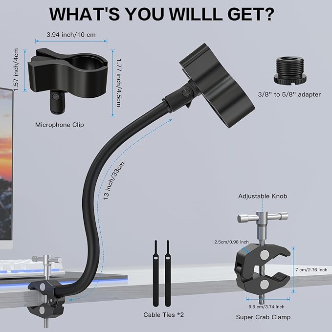 ZealSound Gooseneck Microphone Stand with Clamp, Flexible 13'' Boom Arm Mic Mount for Desk & Pipes, Compatible with Blue Yeti, Snowball, Razer, Pyle, Podcasting & Streaming