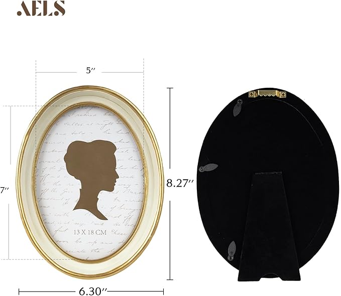 AELS 5x7 Inch Vintage Picture Frame, Elegant Antique Photo Frames with Glass Front, Photo Display, Tabletop Wall Hanging, Gift Ideas, Off-white Oval with Gold Trim