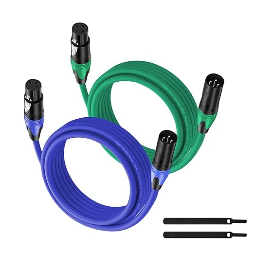 XLR Cable 10FT 2Pack Green+Blue- Premium Balanced Microphone Cable 3-Pin XLR Male to Female Mic Speaker Cable, Pure Copper and Plated Conductors