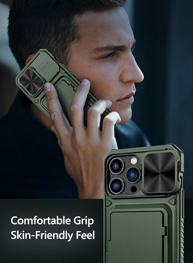 Vihibii for iPhone 15 Pro Max Case with Card Holder (4 Cards) & Slide Camera Cover & Kickstand, Military Grade Drop Protection, Rugged Hard Back & Silicone Edge Wallet Phone Case, 6.7" 2023, Green