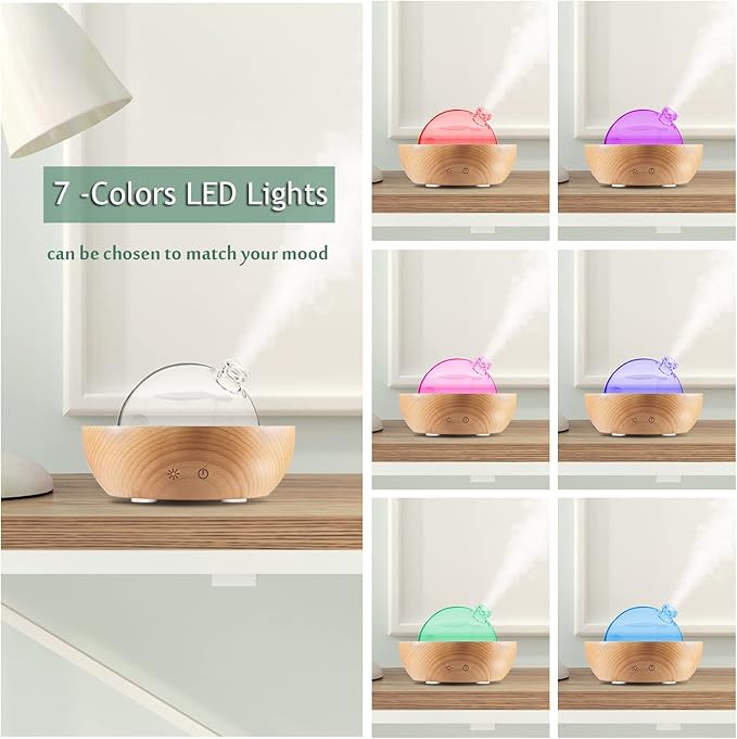 Glass Essential Oil Diffuser,Real Wood Base,The 2025 Upgrade Aromatherapy Diffuser,Aroma Diffuse Humidifier,LED Light in 7 Colors，Suitable for Home Office Bedroom（Non-Glass Reservoir）
