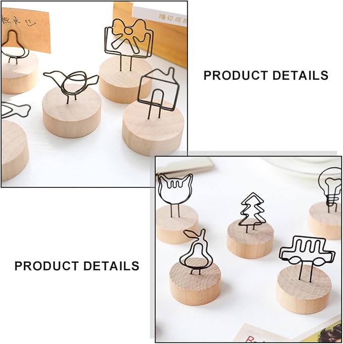 6pcs Wooden Memo Clips with Bowknot, Bird, and Car Designs, Vintage Photo Display Stands for Desktop Organization and Home Office Decoration Random Color